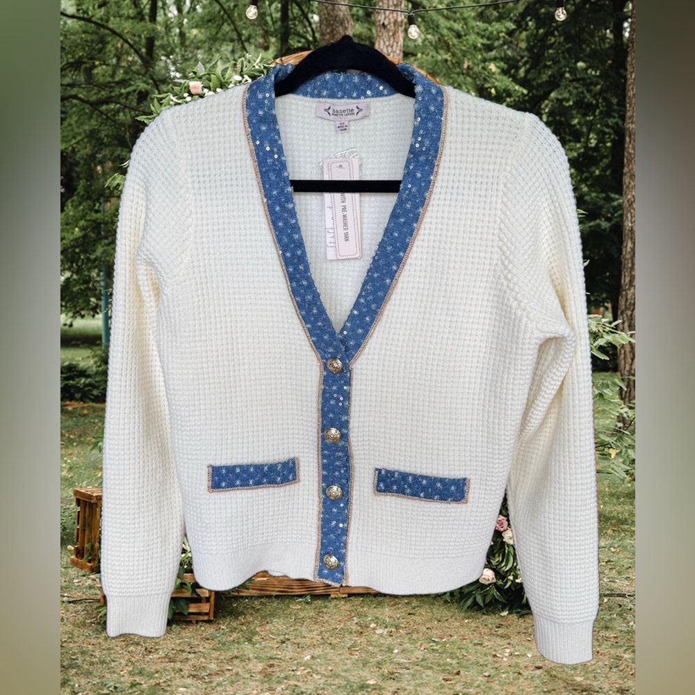 Women's White Cardigan with Blue Trim‎